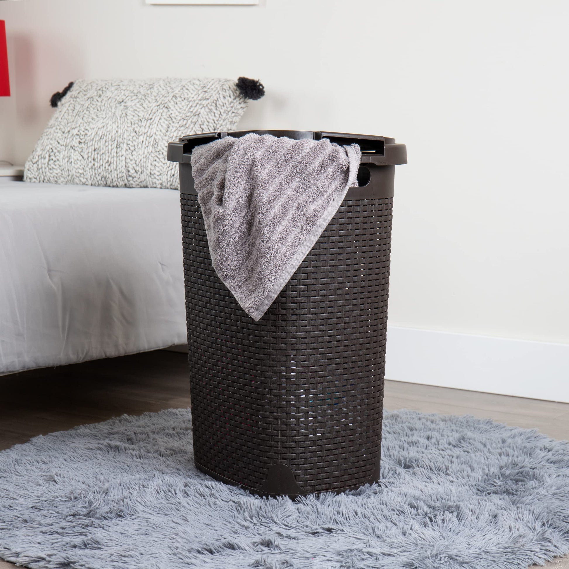 Mind Reader Slim Laundry Hamper with Lid, 60L Tall Clothes Basket, Narrow Tapered Design for