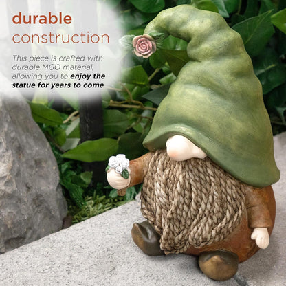 Alpine Corporation QWR1442 Outdoor Gnome with Green Hat Holding a Flower for Garden, Patio, and Lawn, 10" H, Multicolor