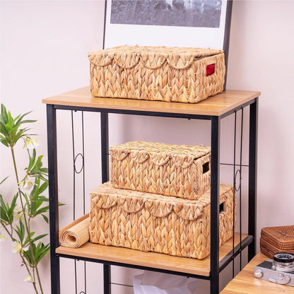 Set of 3 Scalloped Edge Wicker Basket with Lid, Rectangle Wicker Storage Basket with Built-in Handles, Multipurpose Organizer Rattan Display Boxes for Shelf, Nursery Room