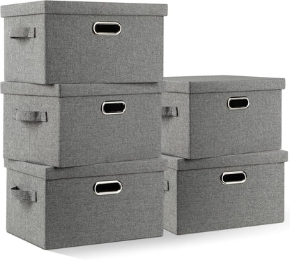 Medium 15" 21 Quart Collapsible Stackable Storage Bins with Lids, 5 Packs Grey Foldable Fabric Closet Boxes Heavy-duty Linen Cube Baskets Container for Bedroom Office (15 x 11 x 8)