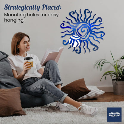 Riverside Designs Wacky Sun Metal Wall Art Indoor/Outdoor Decor - 24" Blue Rust Proof Wall Sculpture - Made in USA - Ideal for Bedroom, Garden, Home, Patio and Farmhouse