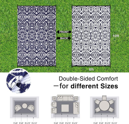 OLANLY Outdoor Rug Waterproof 8x10 ft Clearance, Reversible Outdoor Plastic Straw Rug with Floral Pattern, RV Mat for Patio, Camping, Balcony, Deck, Backyard, Navy & White