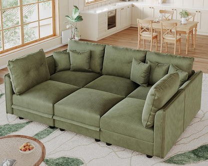 LLappuil Modular Sectional Sofa with Storage Seats, Corduroy Convertible Modular U Shaped Sectional Couch for Living Room, 6 Seat Oversized Sofa with 5 Back Cushion 5 Throw Pillow, Green