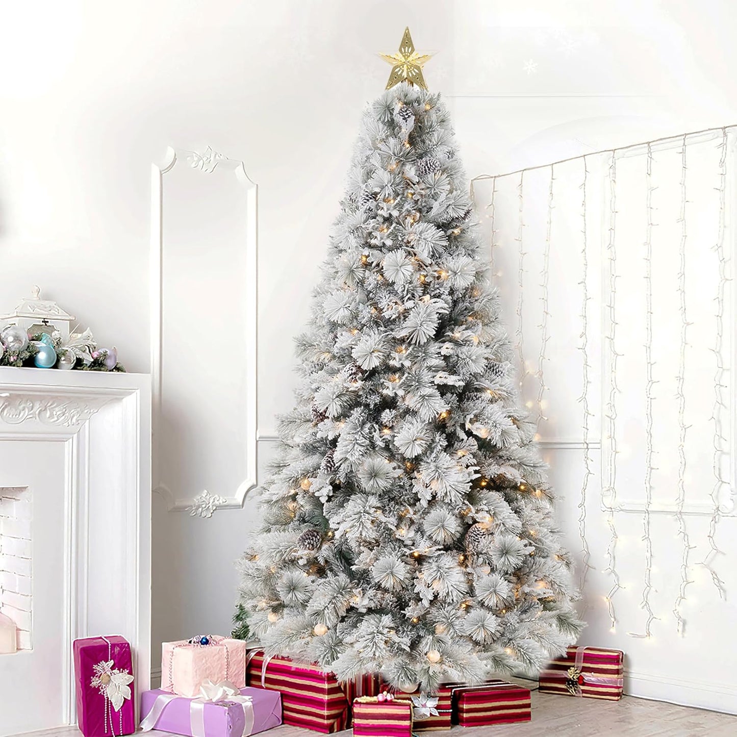 Darla 9ft Snow Flocked Prelit Artificial Christmas Tree with Star Projector, 58 Pine Cones, 1612 Branch Tips, 720 Warm Lights and Metal Stand, 58" Wide Snowy Frosted Pine Christmas Tree with Lights