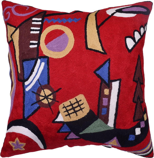 Kandinsky Red Abstract Pillow Cover Gegen Modern Pillowcase Scarlet Reds Abstract Chair Cushion Contemporary Pillow Farmhouse Pillows Couch Handembroidered Wool Size 18x18