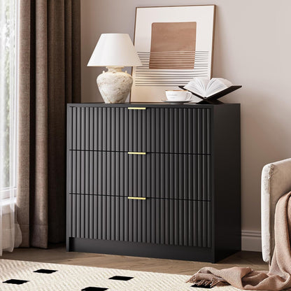 Black Fluted Dresser for Bedroom, 32 Inch Wide Nightstand with Large Drawer, 3 Drawer End Table for Bedroom, Living Rooms, Offices, and Entryways