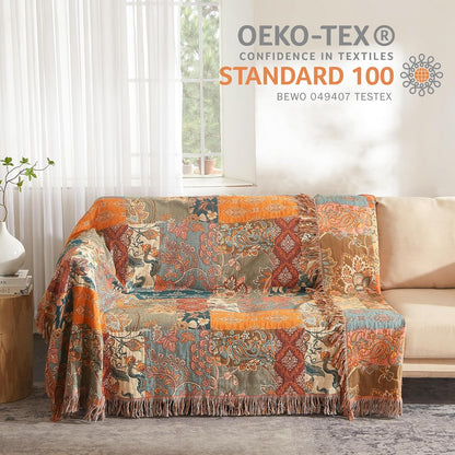 Boho Throw Blanket for Bed 80”x90”, 100% Cotton Woven Blanket for Couch Sofa, Ultra Soft 4-Layer Muslin Quilt with Patchwork Floral Printed, Farmhouse Bed Blanket/Cover for Living Room Decor