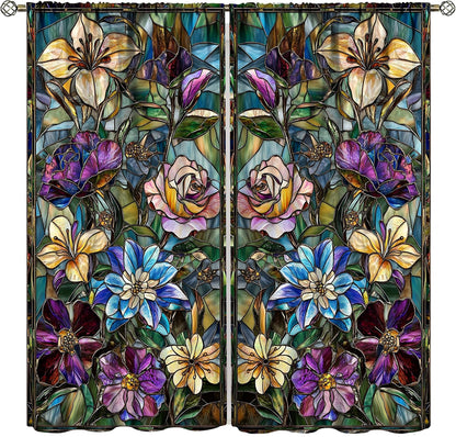 Stained Glass Curtains,Retro Colored Glass Flowers Art Home Decor Drapes for Bedroom Living Room Kitchen Window Treatment 2 Panels Set Total Size 42" W X 45" L Inch