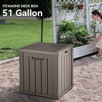 YITAHOME 51 Gallon Outdoor Storage Deck Box, Waterproof Resin Package Delivery and Storage Box with Lockable Lid for Patio Furniture Cushions, Pool Accessories, Garden Tools, Taupe