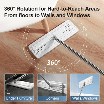 JOYMOOP Mop and Bucket with Wringer Set, Flat Squeeze Mop with Bucket (X-Large), Dust Mop for Wall Cleaner with Long Handle, Microfiber Mop - White Bucket with 5 Reusable 15" Pads