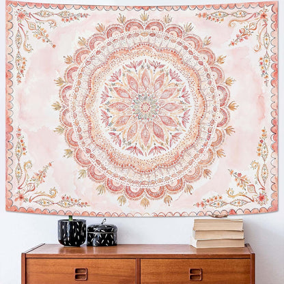 Fowocu Boho Floral Mandala Tapestry Wall Hanging Pink Bohemian Flower Medallion Tapestry Aesthetic Watercolor Hippie Indian Small Tapestries for Bedroom Living Room Dorm Decor 40 x 30 Inch
