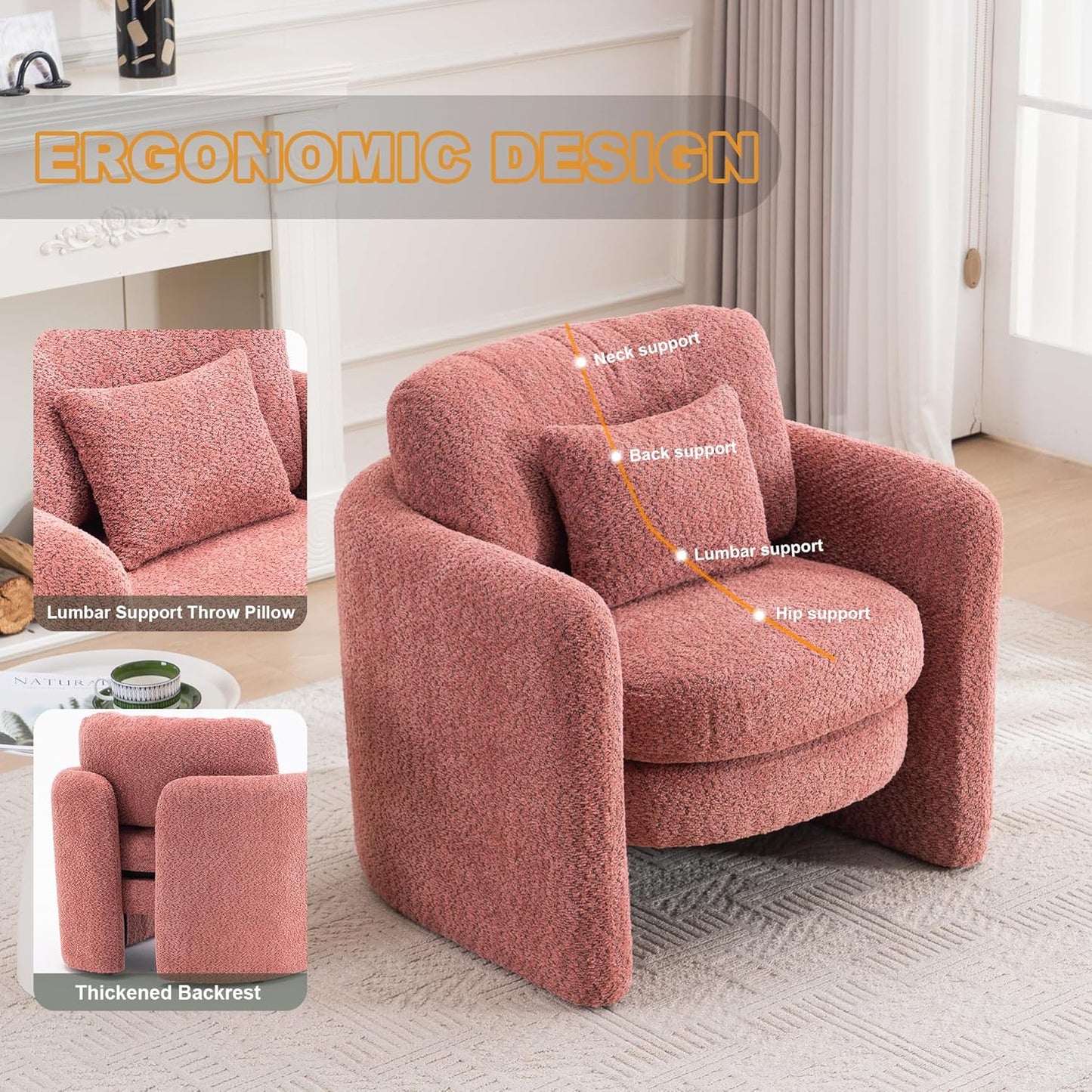 Chenille Accent Armchair Oversize Upholstered Barrel Comfy Modern Round Lounge Sofa Chair with Pillow Cozy Reading Chairs for Apartment,Office,Living Room,Dining,Makeup,Club,Pink