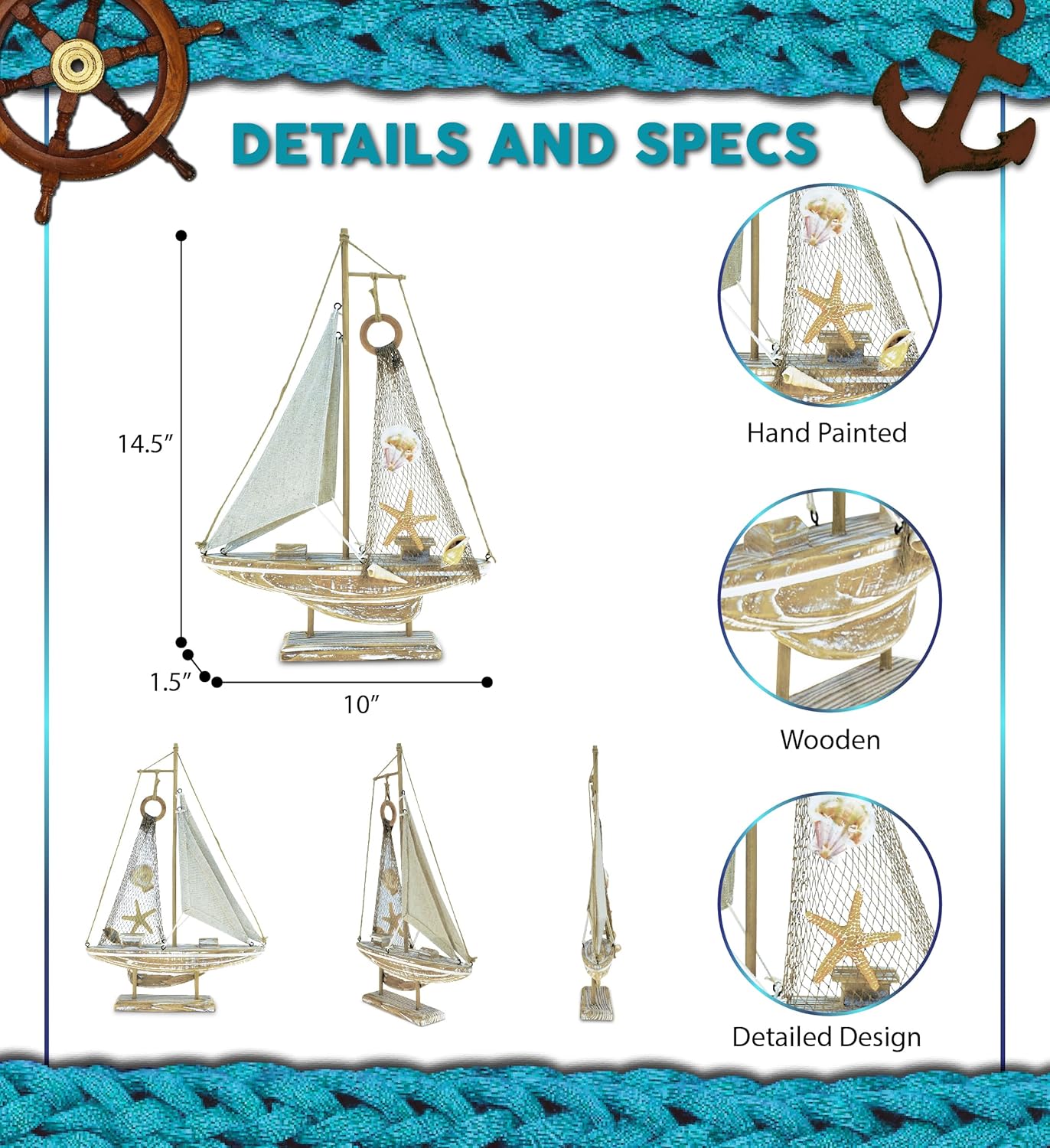 Puzzled Baja Haven Sailboat Decor - Handmade Beach Themed Wooden Boat Home Decor for Living Room Shelves, Tabletop, Desk, Cute Nautical Party Decorations - 14.5 Inches