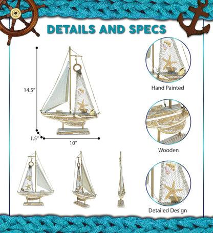 Puzzled Baja Haven Sailboat Decor - Handmade Beach Themed Wooden Boat Home Decor for Living Room Shelves, Tabletop, Desk, Cute Nautical Party Decorations - 14.5 Inches