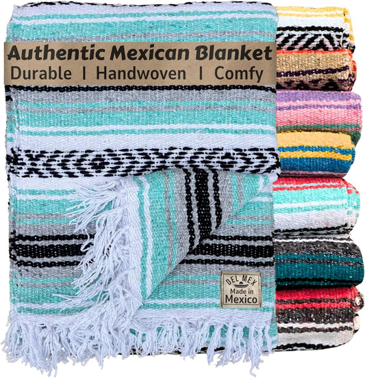 Del Mex Classic Mexican Blanket, Large Authentic Woven Falsa Throw (70"x50"), Artisan Southwest Décor for Beach, Yoga, Outdoors (Mint/Gray)
