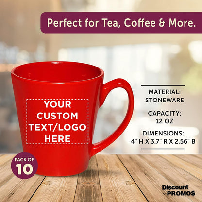 DISCOUNT PROMOS Custom Glossy Ceramic Latte Coffee Mug 12 oz. Set of 10, Personalized Bulk Pack - Perfect for Tea, Espresso, Cappuccino, Hot Cocoa - Red