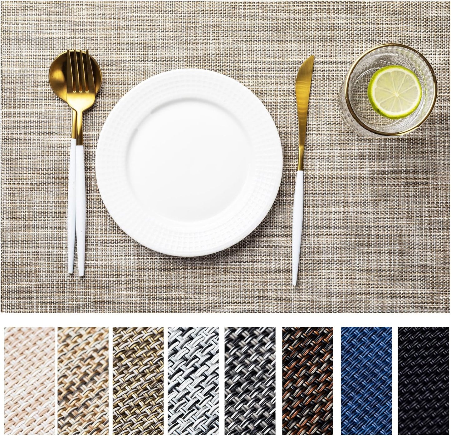 LEXMORE PlaceMats Set of 12 Vinyl/Plastic Woven Place Mats for Kitchen Table Indoor/Outdoor Washable PlaceMat Wipeable Dining Table Mats(Caramel)