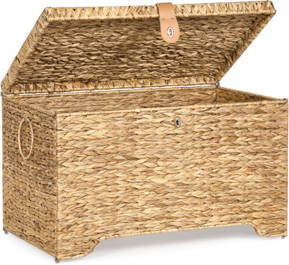 Handwoven Storage Basket with Lid, 165L Wicker Storage Bin, Natural Water Hyacinth, Leather Buckle & Metal Frame, Metal Ring Handles for Easy Transport, Storage Chest & Trunk for Bedroom, Living Room