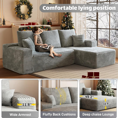 HYJT-H&K Modular Sectional Sofa Cloud Secttional Couch, 107" Comfy L Shaped Couches for Living Room, Deep Seat Memory Foam Fluffy Plush Corduroy Boneless Couch Sectionals Right Facing Sofa Chaise Grey