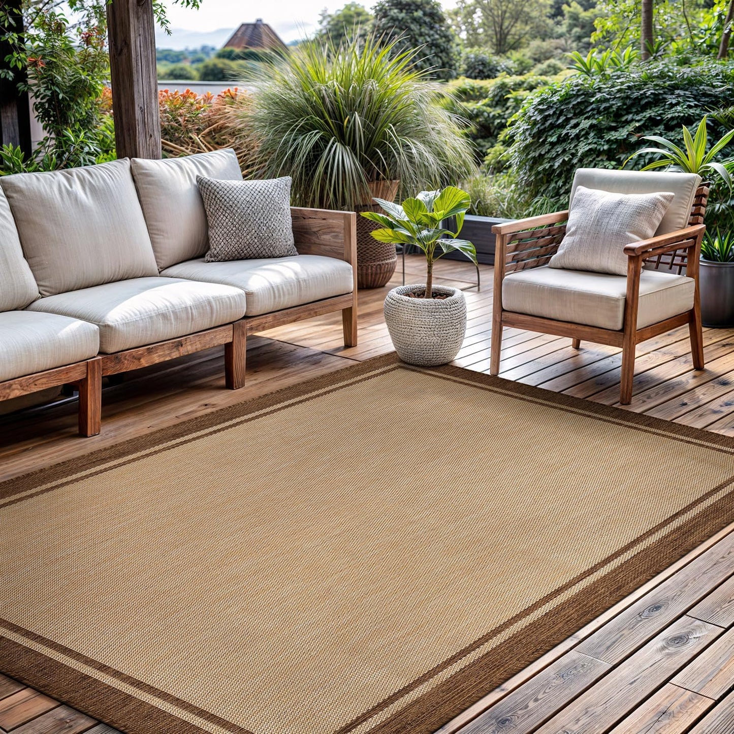 CAMILSON Outdoor Rug 5x7 Bordered Natural Brown Modern Area Rugs for Indoor and Outdoor Patios, Kitchen and Hallway Mats, Washable Porch Deck Outside Carpet (Border Jute, 5 x 7)