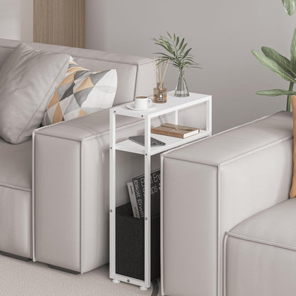 Narrow Side Table, Slim End Tables with Fabric Basket, Skinny Table for Small Spaces, Thin Bedside Table for Living Room, Bedroom, White, ZBZ01