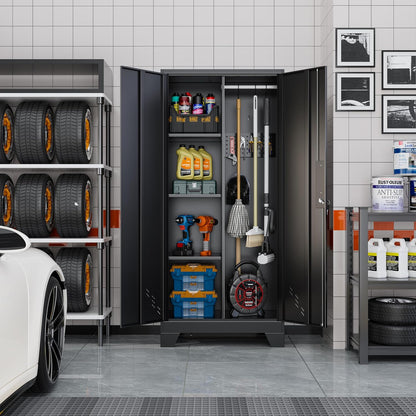 61" Broom Closet Storage Cabinet, Metal Storage Cabinet with Doors, Utility Cabinets for Brooms and Mops, Cleaning Tool Cabinets for Garage, Laundry Room, Bathroom