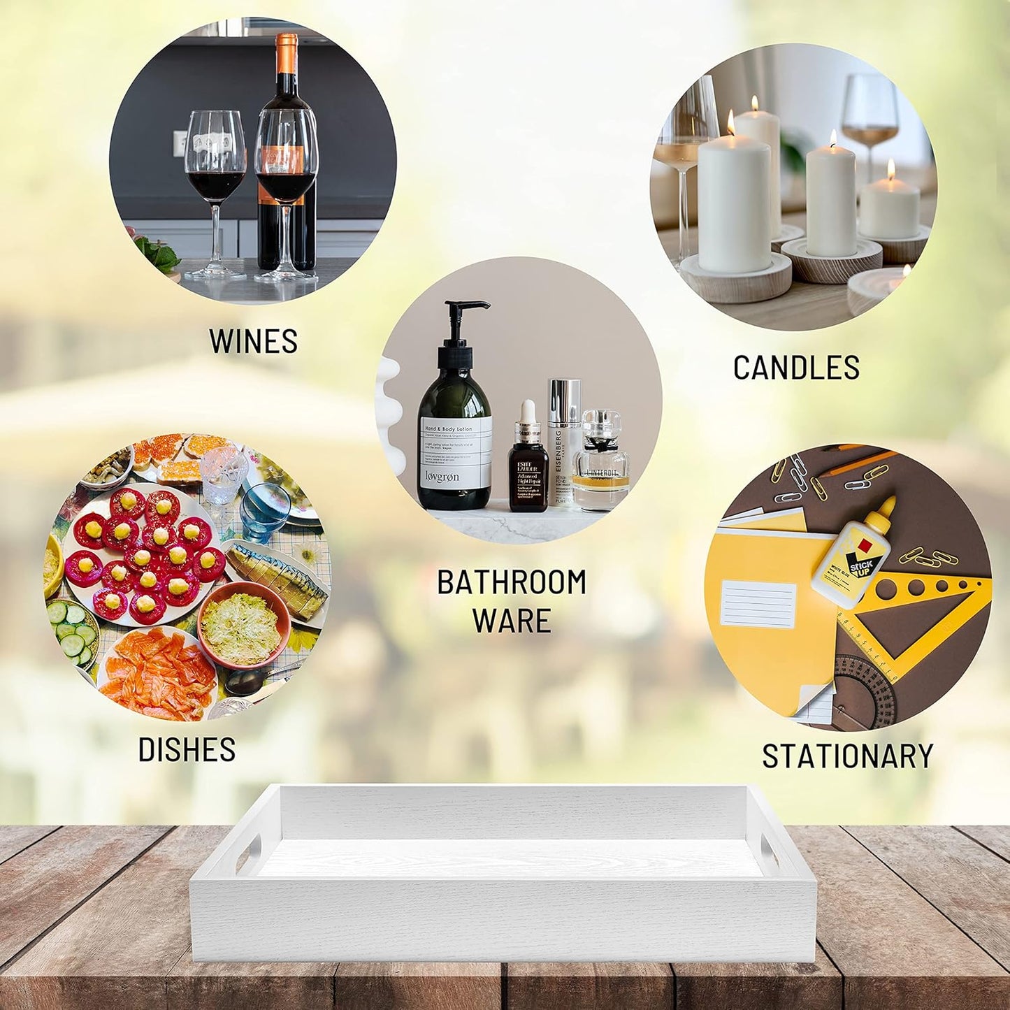 Wood Serving Tray with Handles, Home Decorative Wooden Rectangle Ottoman Decor Platter Vanity Tray for Breakfast Dinner Drinks Kitchen Dining Living Bathroom Restaurants White