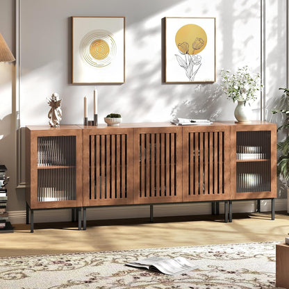 Farmhouse TV Stand for TVs up to 85 Inch, Entertainment Center TV Console with Storage Cabinets and Glass Doors,Media Console for Living Room, Brown