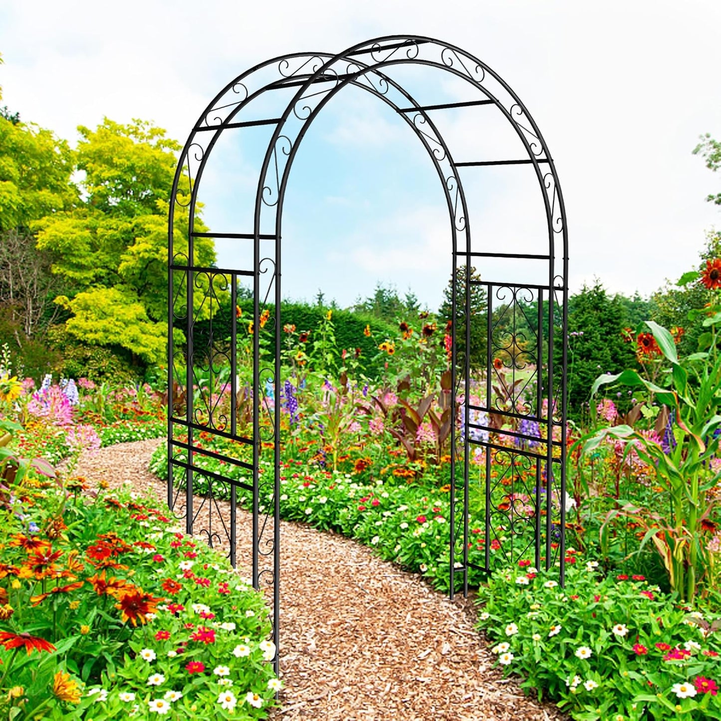 Metal Garden Arch 90.55" H Garden Arbor Trellis Climbing Plants Support Pattern Arch Outdoor Lawn Wedding Party Events Archway Black