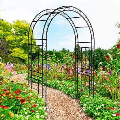 Metal Garden Arch 90.55" H Garden Arbor Trellis Climbing Plants Support Pattern Arch Outdoor Lawn Wedding Party Events Archway Black