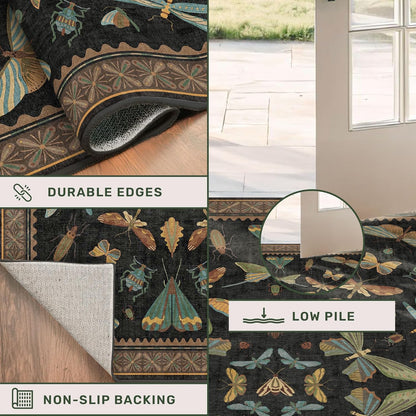 Small Black Entryway Rug - 2x3 Front Door Rug Indoor Entrance, Small Carpet for Kitchen Floor, Bathroom, Powder Room, Washable Low Pile Non Slip, Insect Print Home Décor