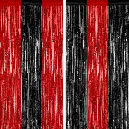 2 Pack Backdrop Curtains, 3.28 FT x 7.05 FT Black and Red Party Decor, Metallic Party Streamer Tinsel Foil Fringe Curtains, Foil Curtains Backdrop Halloween Decorations Party Supplies