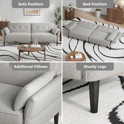 89” Futon Sofa Bed, Linen Comfy Futon Couch Bed with 2 Square Pillows, Convertible Sleeper Sofa with Adjustable Backrest& Armrests, Modern Loveseat Sleeper for Living Room, Bedroom, Light Gray