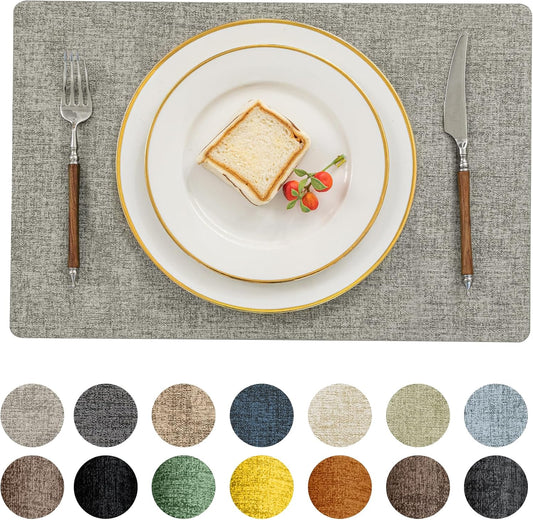 Romanstile Vinyl Placemats Set of 4-12 X 18 Inch - Heat Resistant Place Mats 100% Waterproof Oilproof Wipeable Reversible Faux Leather Table Mats for Kitchen/Dining/Decor/Party/Outdoor, Light Grey