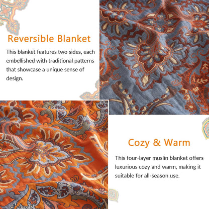 Boho Throw Blanket for Couch Sofa Bed, 100% Cotton Woven Quilt with Tassel 80”x90”, Super Soft Muslin Blanket with Oriental Universe Printed, Decorative Reversible Bed Blanket/Cover for All Seasons