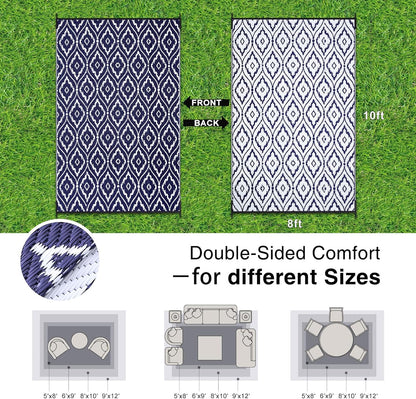 OLANLY Outdoor Rug 8x10 ft Waterproof, Outdoor Plastic Straw Rug with Geometric Pattern Clearance, Reversible RV Mat for Patio, Camping, Balcony, Deck, Backyard, Navy & White