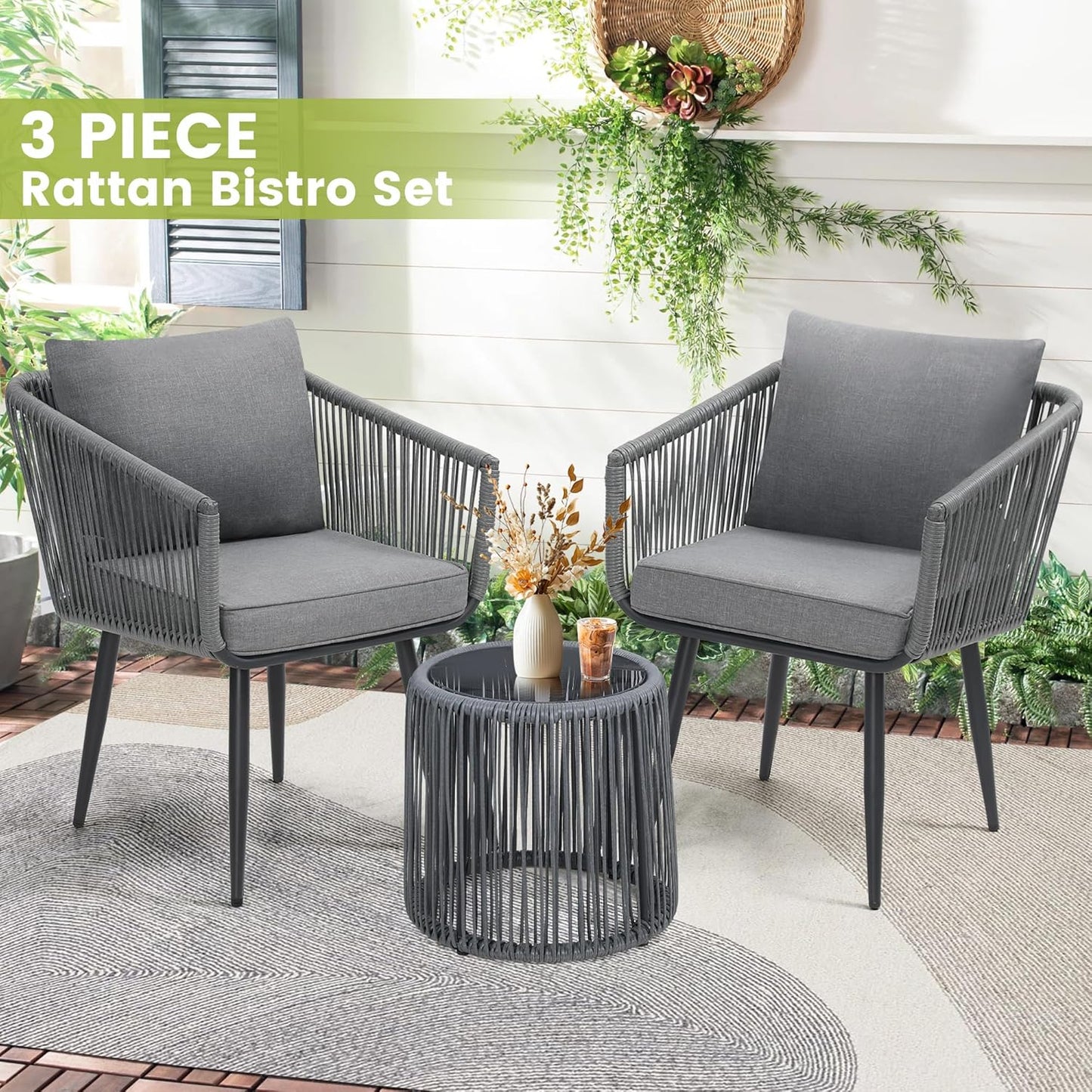 Kromax 3 Pieces Patio Rattan Bistro Conversation Set, Outdoor All-Weather Wicker Furniture Chairs and Side Table Set Ideal for Balcony, Porch and Backyard, Grey