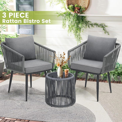 Kromax 3 Pieces Patio Rattan Bistro Conversation Set, Outdoor All-Weather Wicker Furniture Chairs and Side Table Set Ideal for Balcony, Porch and Backyard, Grey