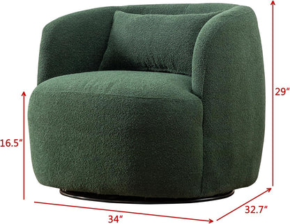 KINWELL 34" Wide Boucle Swivel Barrel Chair, No Assembly Round Upholstered Armchair Accent Chair Single Sofa Chair with Toss Pillow for Living Room and Bedroom, Green