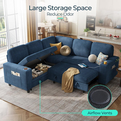 LINSY HOME Sectional Sleeper Sofa with Pull Out Couch Bed - Convertible Plush Corduroy Cloud Couch with Storage Chaise & USB Charging, Comfy L Shaped Modular Couches for Living Room Apartment, Blue