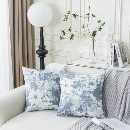 Jacquard Throw Pillow Covers 18x18 Inch Set of 2 - Vintage Floral Boho Pillow Cases with Botanical Pattern | Farmhouse Decor for Couch Living Room | Soft Textured Neutral Trio Dusty Blue 18" x 18"