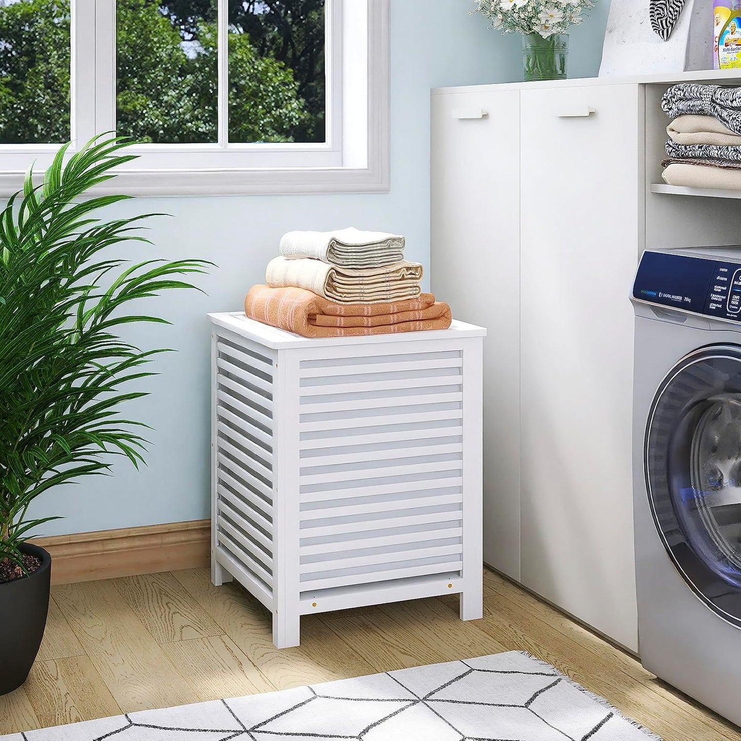 SMIBUY Double Laundry Hamper with Lid, 120L Bamboo Laundry Basket with Removable Liner Bag, 2-Section Clothes Divider Laundry Sorter for Laundry Room, Bathroom, Bedroom (White)