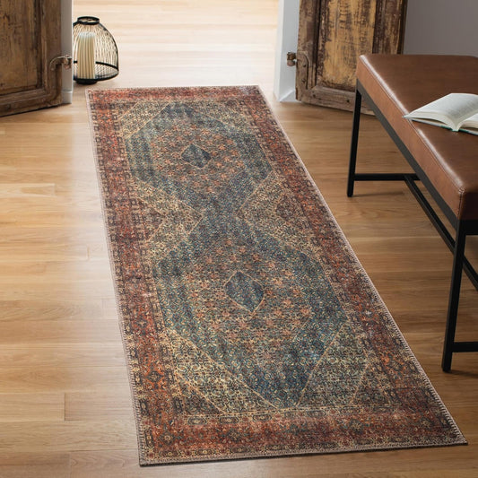 Keen Home Design 2x10 Rug - Machine Washable Runner Rug with Non-Slip Backing, Ideal for Hallway, Entryway, Kitchen, Laundry Room - Vintage, Easy Clean, Durable, Low Pile - (2'6" x 10')