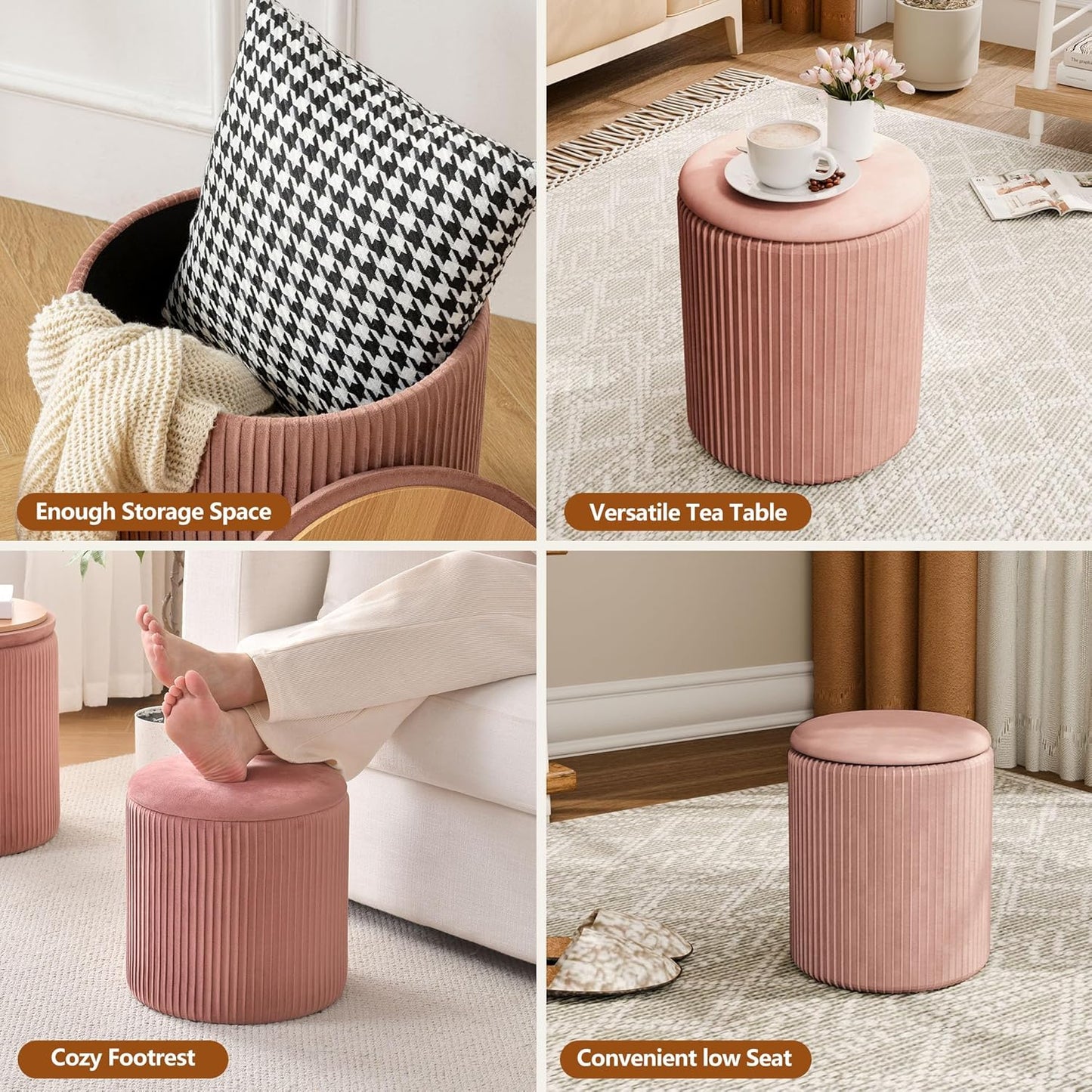 Ottoman with Storage Set of 2, Velvet Storage Ottoman, Upholstered Sponge Vanity Stool Support 300lbs, Multifunctional Coffee Table Foot Rest Ottomans for Living Room Bedroom, Pink