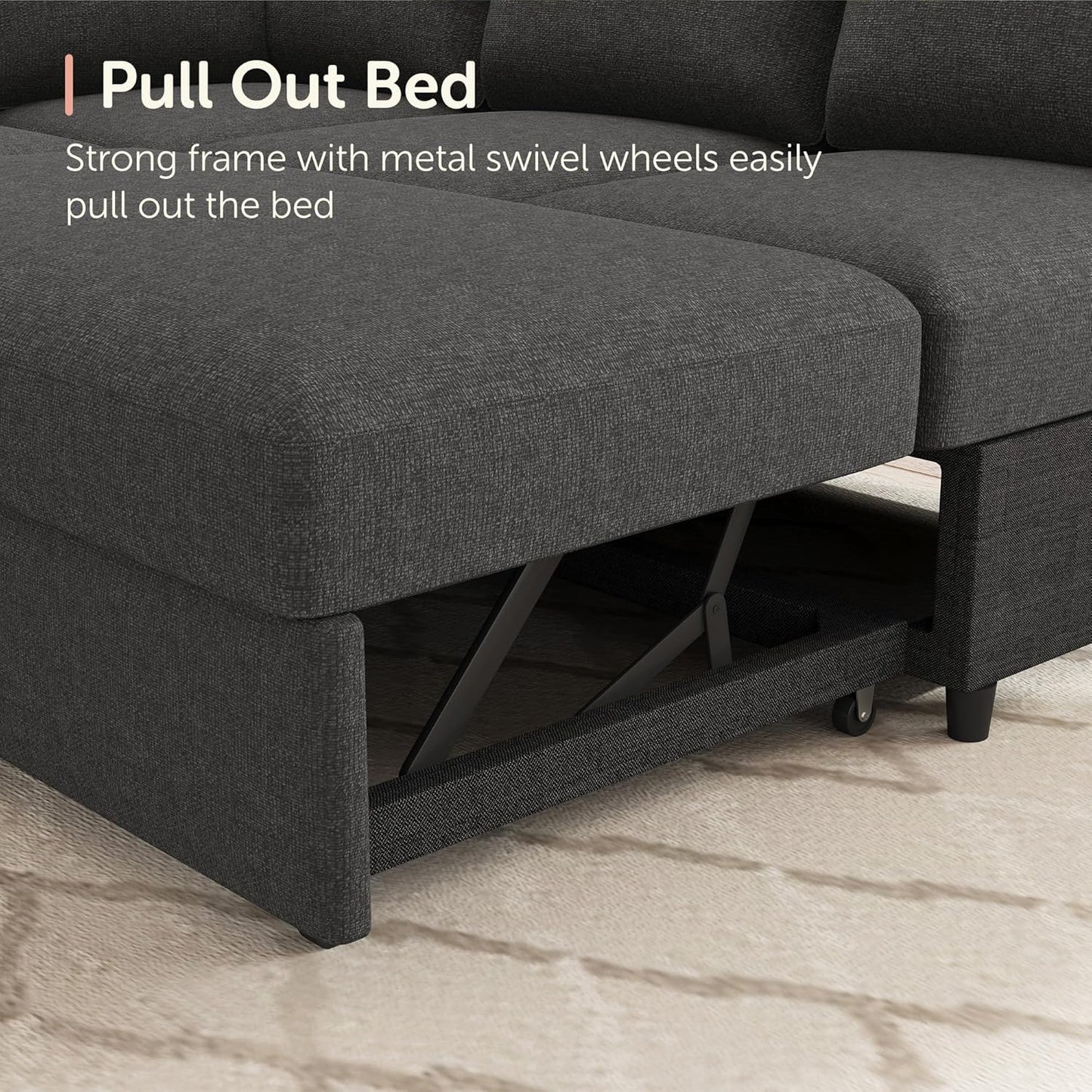 HONBAY Sectional Couch with Pull Out Bed, U-Shaped Sectional Sleeper Sofa with Storage, 6 Seater Sectional Sofa Bed, Mid-Grey