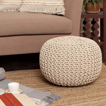 REDEARTH Round Pouf Ottoman - Cable Knitted Boho Poof - Home Décor Cord Pouffe Handmade Circular Footrest for Living Room - Bedroom - Kids Bedroom - 100% Cotton Pouf (19.5"x19.5"x14") - Natural