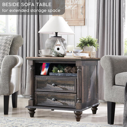T4TREAM 24'' Farmhouse End Table w/4 Solid Wood Feet, Large 2 Drawers Wide Sofa Side Table with Charging Station, Tall Rustic Wood Square Nightstand for Living Room, Bedroom, Office, Dark Rustic Oak