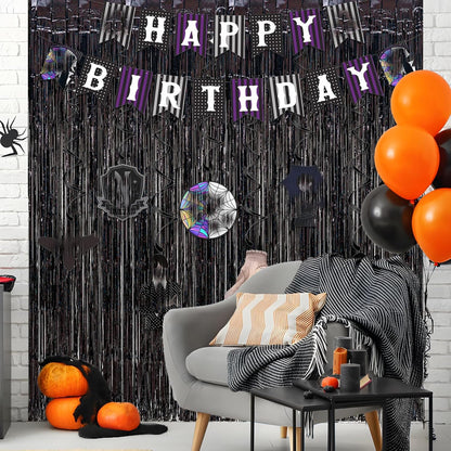 Black Tinsel Curtain Party Backdrop - GREATRIL Party Streamers Backdrop Foil Fringe Curtains for Birthdays/Wizard Halloween Decorations - 1m x 2.5m - Pack of 2