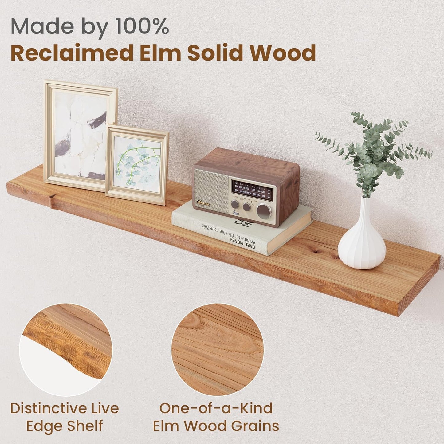 Floating Shelves for Wall Decor, Rustic Solid Elm Wood Live Edge Floating Shelves Wall Mounted, Wall Shelves with Invisible Bracket for Living Room Bathroom Bedroom Kitchen, 36 Inch Set of 2, Natural