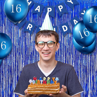 BRAVESHINE Blue Tinsel Foil Fringe Curtains - 2Pcs 3.2x8.2 ft Metallic Holidays Photo Backdrop for Boys Men Birthdays Homecoming Bachelor Bachelorette Engagement Sea Theme Ramadan Party Decorations